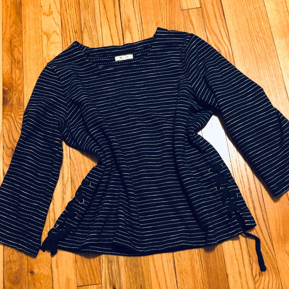 Madewell Stripe Navy Lace Up Knit top Size Large